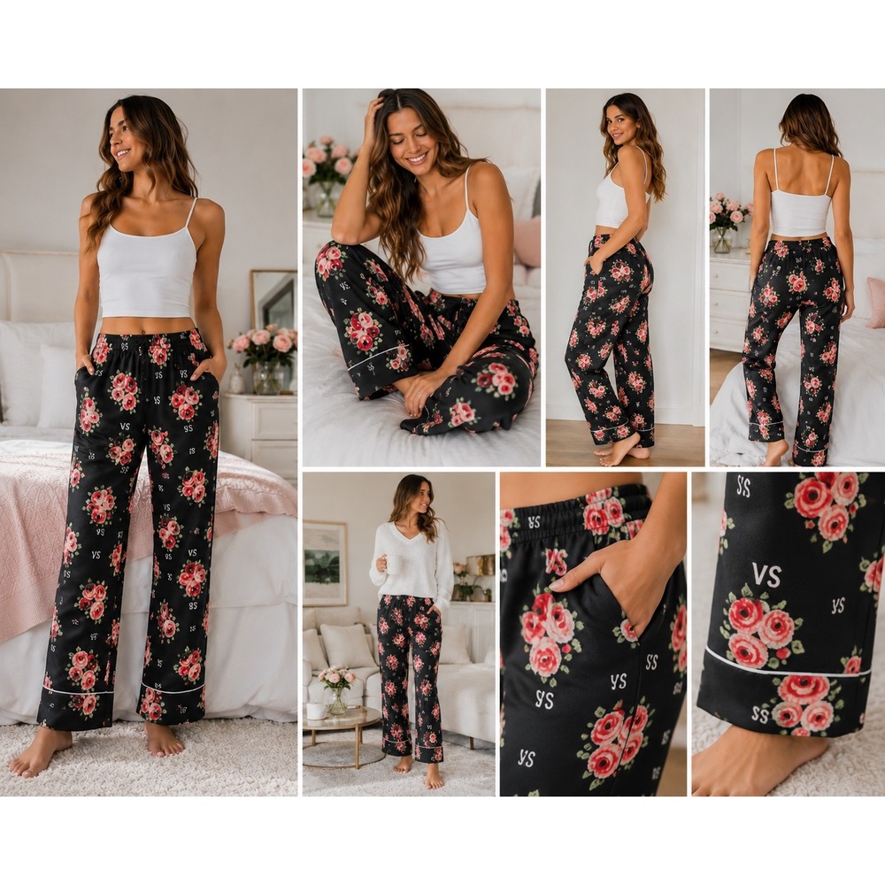 Victoria's Secret Pajama Pants Womens Medium Black Floral Rose VS‎ Lounge Cotton